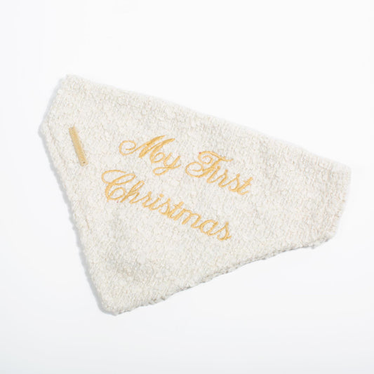 Discover The Perfect Bandana For Dogs, ' My First Christmas ' Dog Bandana In Luxury Ivory Bouclé, Available To Now at Lords & Labradors US