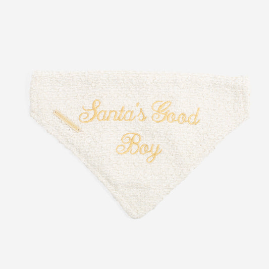 Discover The Perfect Bandana For Dogs, ' Santa's Good Boy ' Dog Bandana In Luxury Ivory Bouclé, Available To Now at Lords & Labradors US