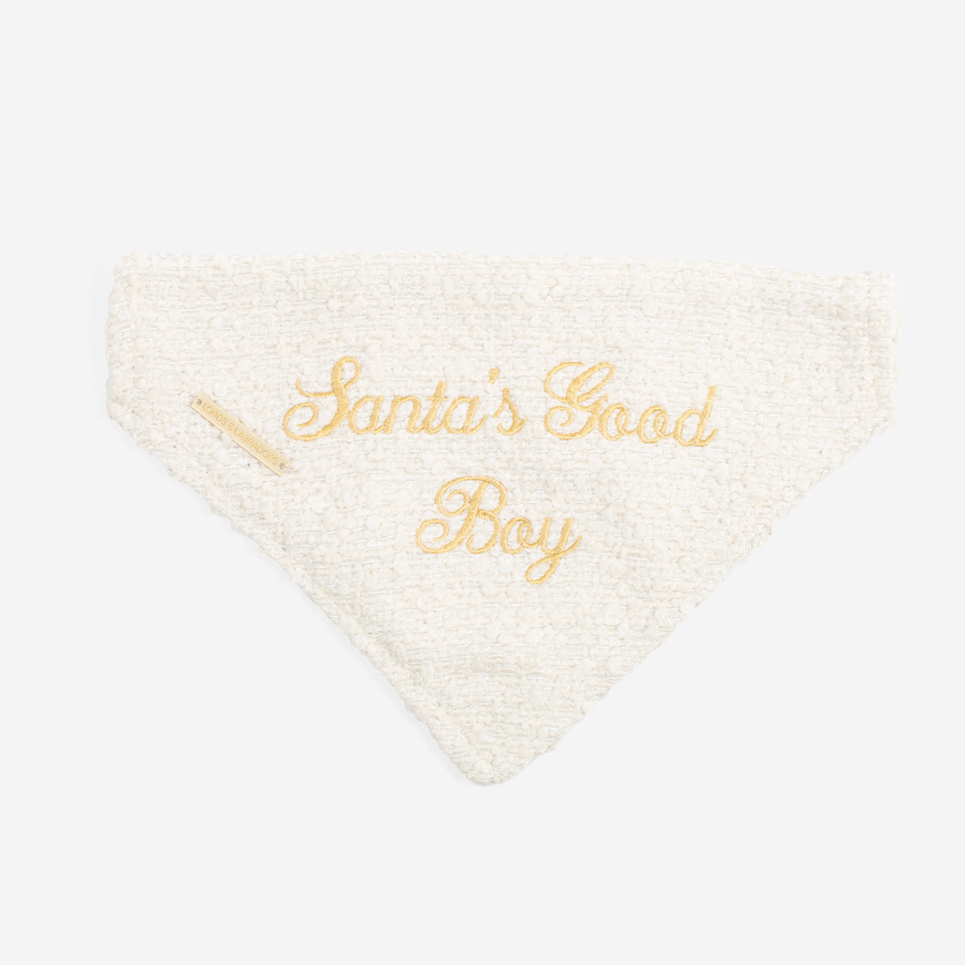 Discover The Perfect Bandana For Dogs, ' Santa's Good Boy ' Dog Bandana In Luxury Ivory Bouclé, Available To Now at Lords & Labradors US