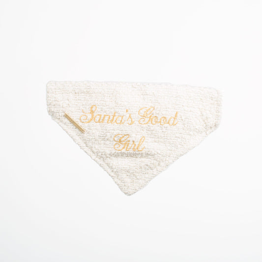 Discover The Perfect Bandana For Dogs, ' Santa's Good Girl ' Dog Bandana In Luxury Ivory Bouclé, Available To Now at Lords & Labradors US