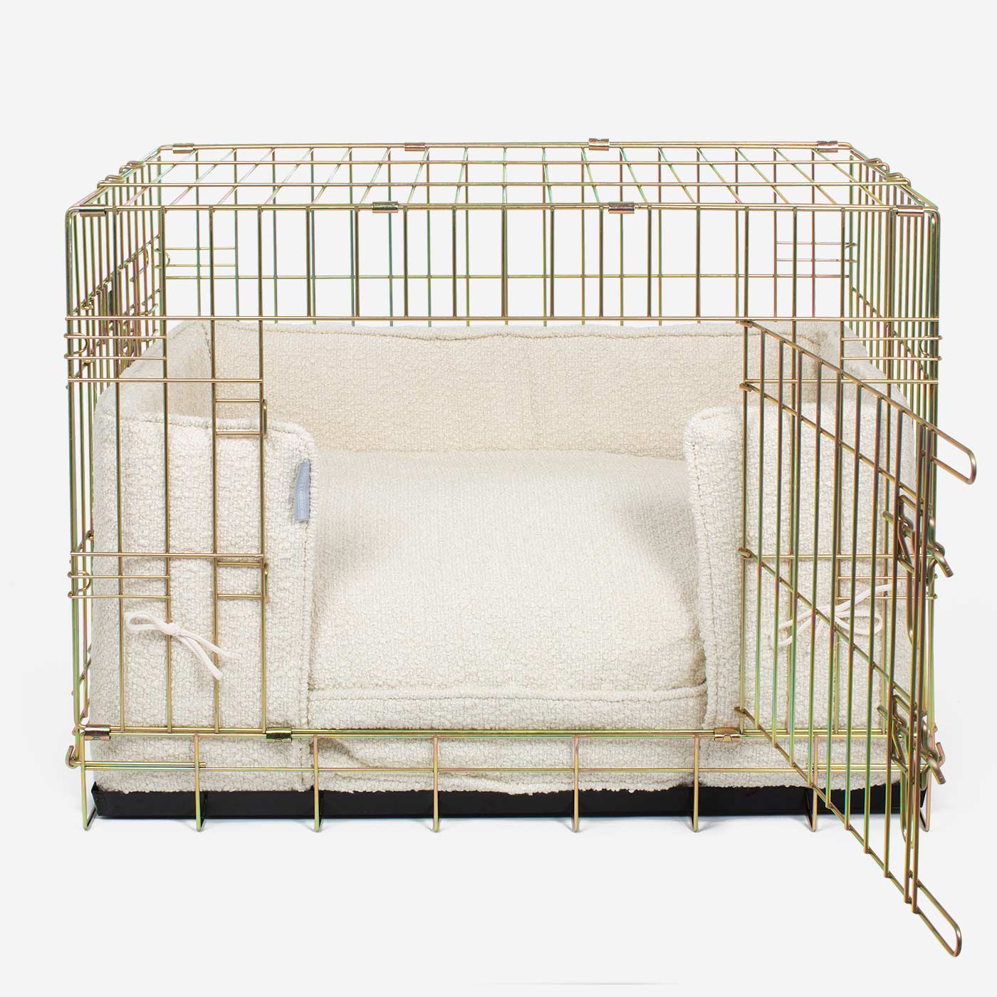 Discover Our Heavy-Duty Gold Dog Cage With Ivory Bouclé Cushion & Bumper! The Perfect Cage Accessories. Available To Personalize Here at Lords & Labradors US