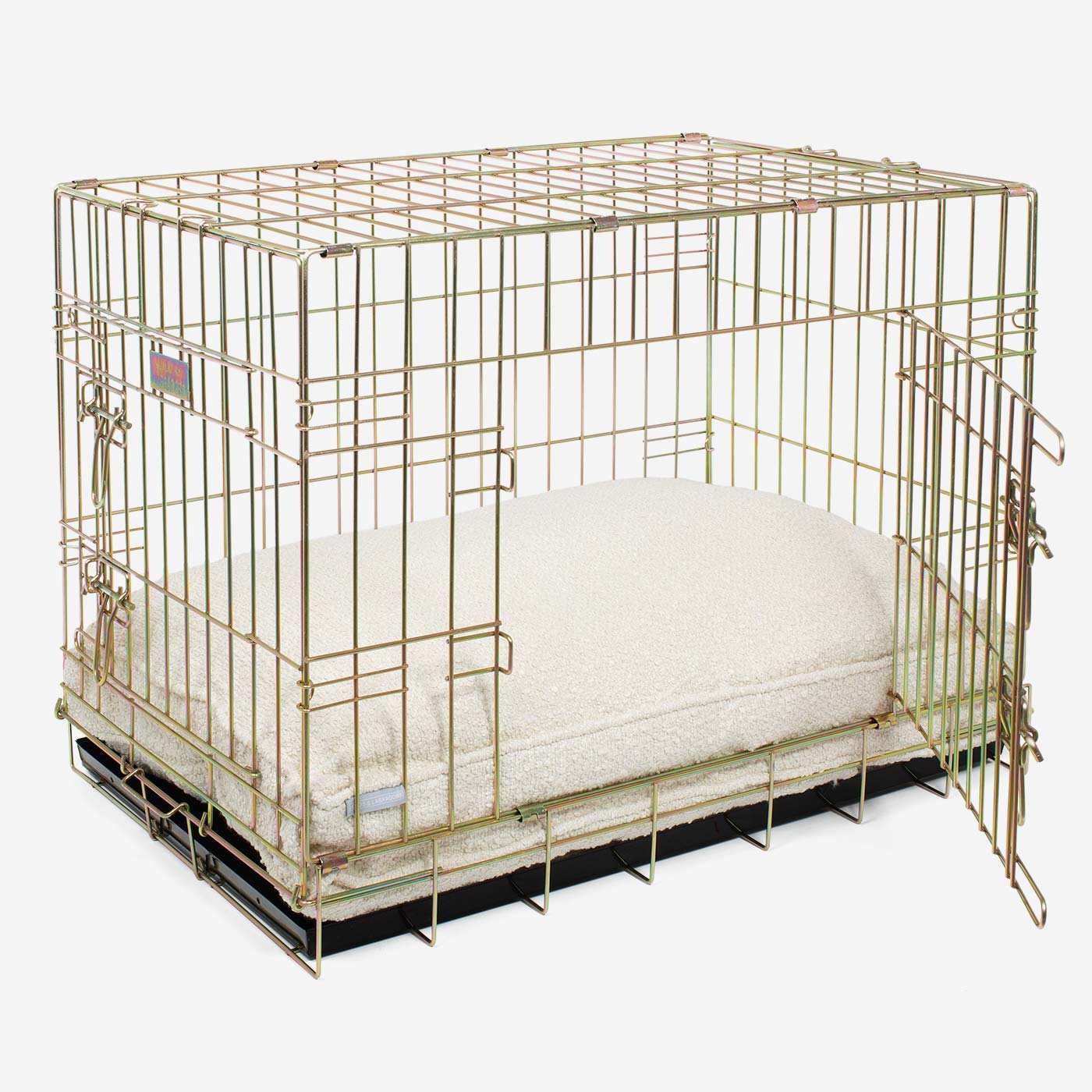 Gold Dog Cage with Bouclé Cushion by Lords & Labradors
