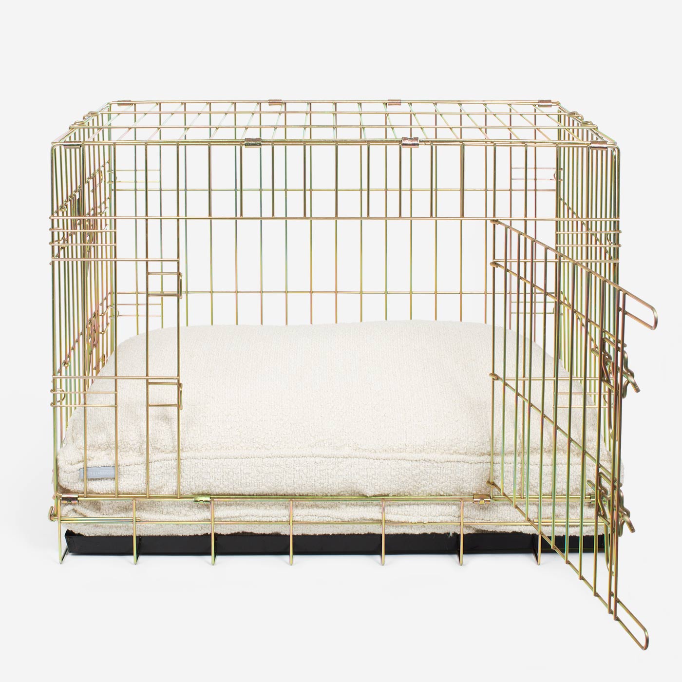 Discover Our Heavy-Duty Dog Cage With Luxury Dog Cushion Set! The Perfect Cage Accessory For Pet Burrow. Available To Personalize In Stunning Ivory, Mink, Granite Bouclé Here at Lords & Labradors US