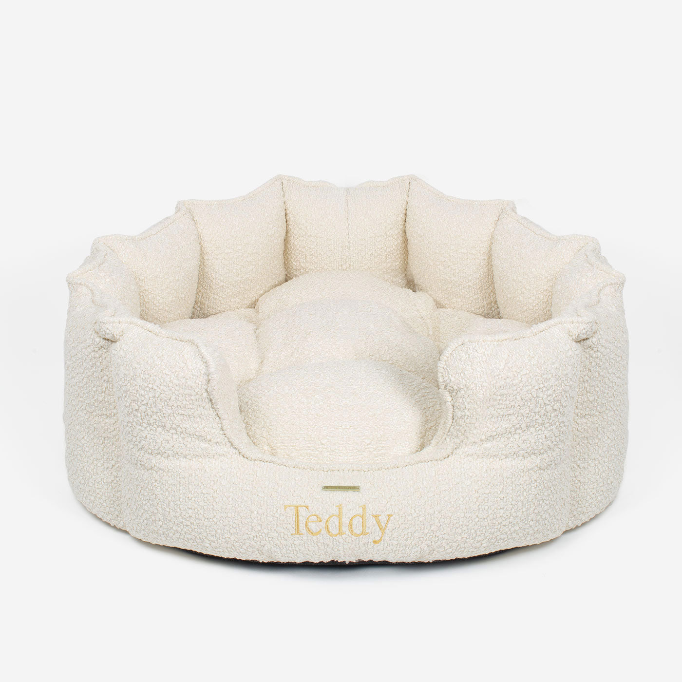 Discover Our Luxurious High Wall Bed For Dogs, Featuring inner pillow with plush teddy fleece on one side To Craft The Perfect Dogs Bed In Stunning Ivory Bouclé! Available To Personalize Now at Lords & Labradors US