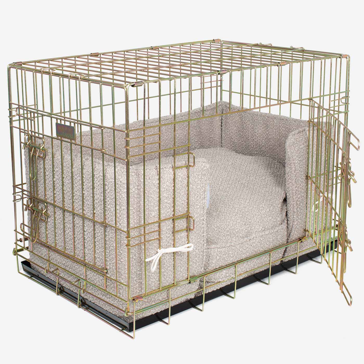 Discover Our Heavy-Duty Gold Dog Cage With Mink Bouclé Cushion & Bumper! The Perfect Cage Accessories. Available To Personalize Here at Lords & Labradors US