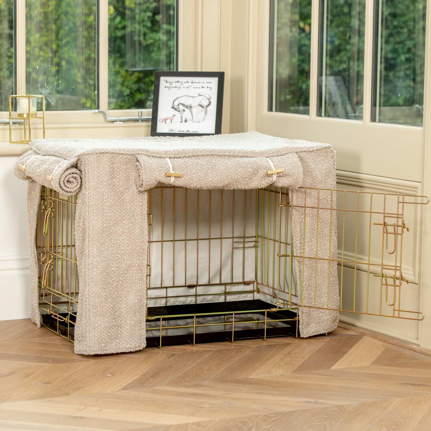 [color:mink boucle] Discover Our Gold Heavy-Duty Dog Cage With Mink Bouclé Cage Cover! The Perfect Cage Accessory For The Ultimate Pet Den. Available To Personalize Here at Lords & Labradors US
