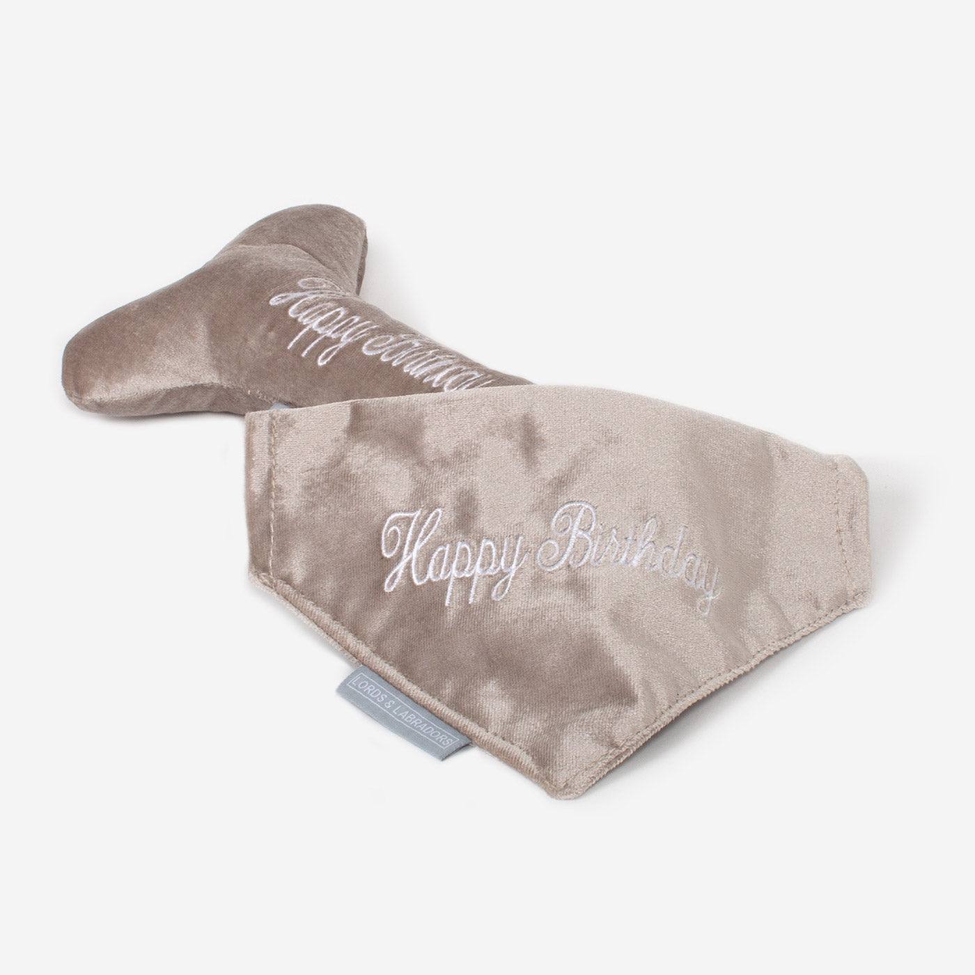 [colour:happy birthday] Present The Perfect Pet Playtime With Our Luxury 'Happy Birthday' Dog Bandana, In Stunning Mushroom Velvet! Available Now at Lords & Labradors US