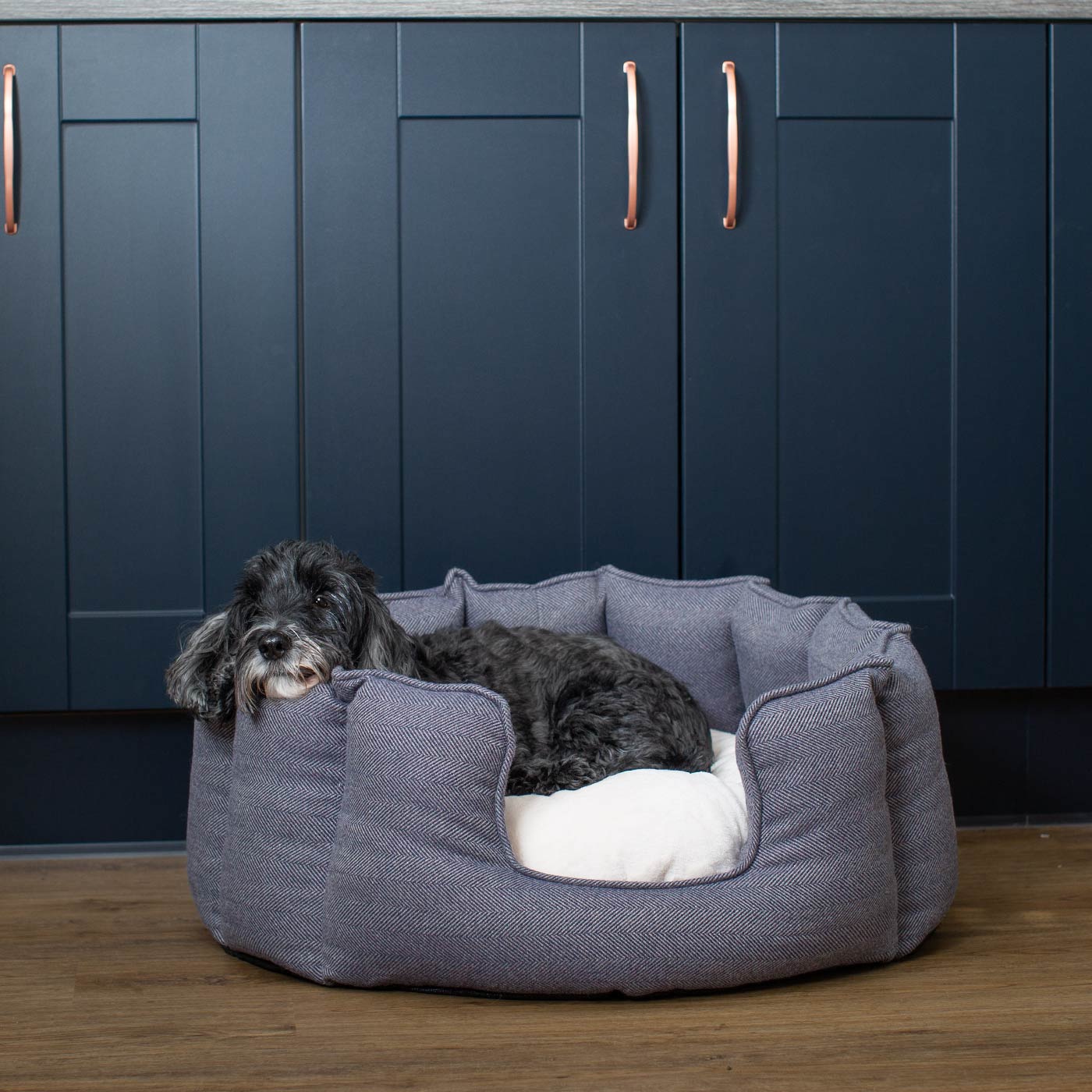Discover Our Luxurious High Wall Bed For Dogs, Featuring inner pillow with plush teddy fleece on one side To Craft The Perfect Dogs Bed In Stunning Oxford Herringbone Tweed! Available To Personalize Now at Lords & Labradors US