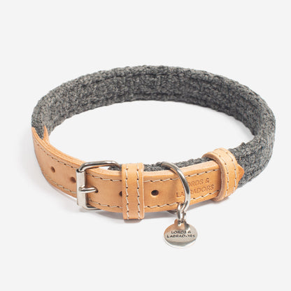 Discover dog walking luxury with our handcrafted Italian dog collar in beautiful graphite with woven dark grey fabric! The perfect collar for dogs available now at Lords & Labradors US