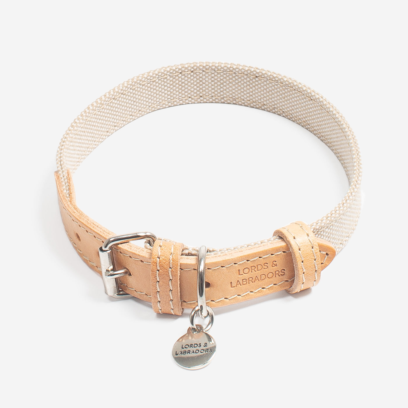 Discover dog walking luxury with our handcrafted Italian dog collar in beautiful essentials twill cream linen with cream fabric! The perfect collar for dogs available now at Lords & Labradors US