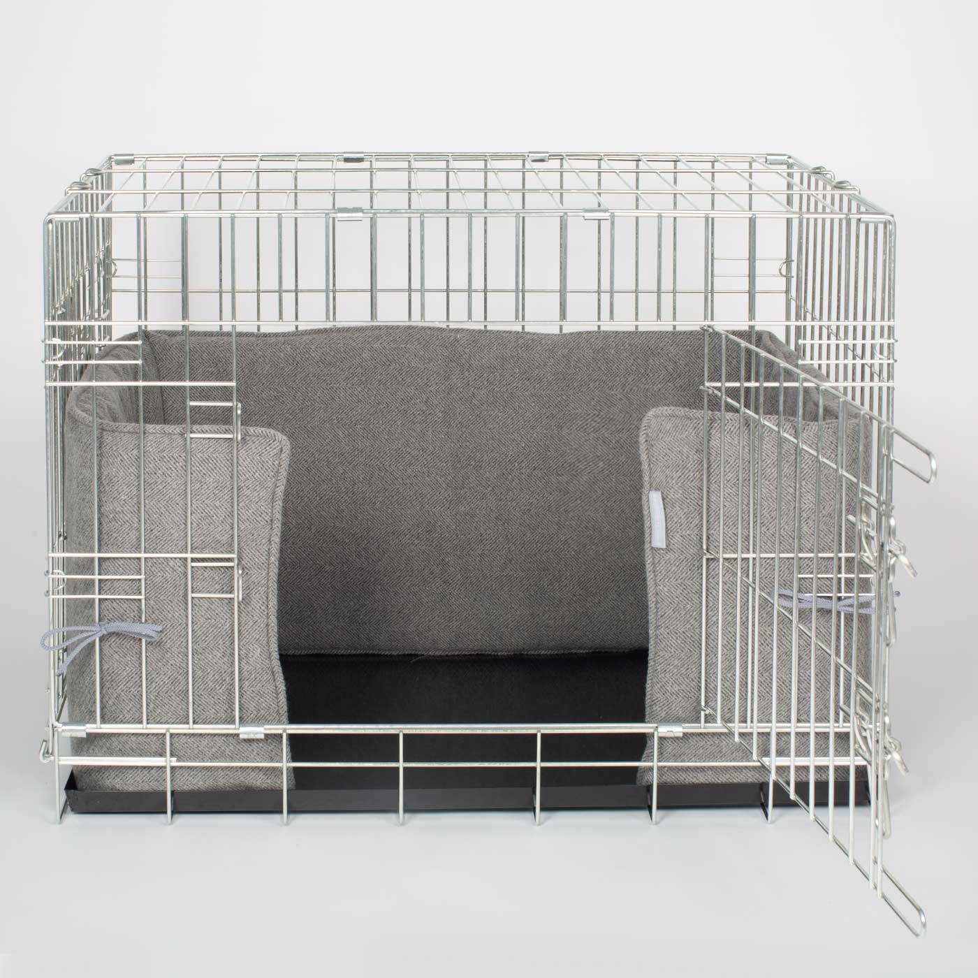 Luxury Dog Cage Bumper, Pewter Herringbone Tweed Cage Bumper Cover The Perfect Dog Cage Accessory, Available To Personalize Now at Lords & Labradors US