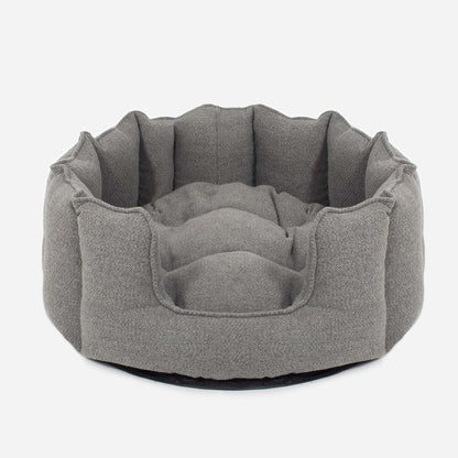 Discover Our Luxurious High Wall Bed For Cats, Featuring inner pillow with plush teddy fleece on one side To Craft The Perfect Cat Bed In Stunning Pewter Herringbone Tweed! Available To Personalize Now at Lords & Labradors US