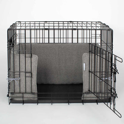 Luxury Dog Cage Bumper, Pewter Herringbone Tweed Cage Bumper Cover The Perfect Dog Cage Accessory, Available To Personalize Now at Lords & Labradors US