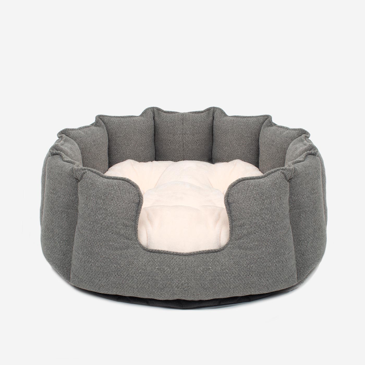 Discover Our Luxurious High Wall Bed For Cats, Featuring inner pillow with plush teddy fleece on one side To Craft The Perfect Cat Bed In Stunning Pewter Herringbone Tweed! Available To Personalize Now at Lords & Labradors US
