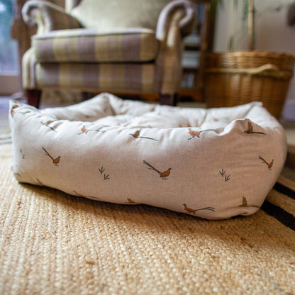[color:woodland pheasant] Luxury Handmade Box Bed For Dogs in Woodland, in Woodland Pheasant. Perfect For Your Pets Nap Time! Available To Personalize at Lords & Labradors US