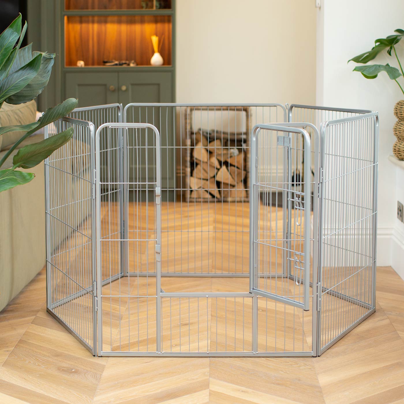 Ensure The Ultimate Puppy Safety with Our Heavy Duty 80cm High Silver Metal Play Pen, Crafted to Take Your Pet Right Through Maturity! Powder Coated to Be Extra Hardwearing! 6 panels that are 80cm high and attachments to connect to any cage. The modular system allows you to change the puppy pen shape with multiple layouts! Available To Now at Lords & Labradors US