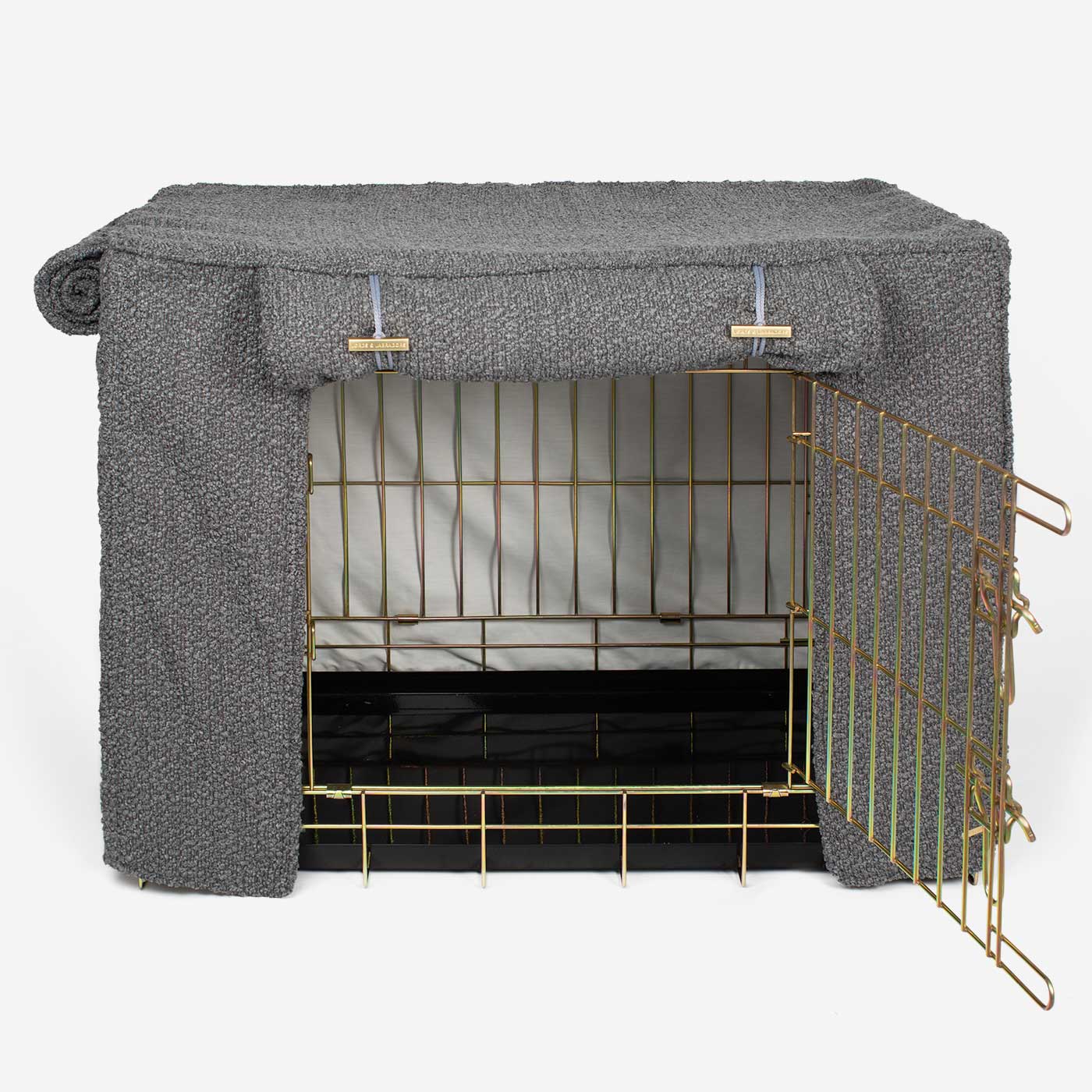 [color:granite boucle] Discover Our Gold Heavy-Duty Dog Cage With Granite Bouclé Cage Cover! The Perfect Cage Accessory For The Ultimate Pet Den. Available To Personalize Here at Lords & Labradors US