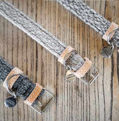 Discover dog walking luxury with our handcrafted Italian dog collar in beautiful pebble with woven grey fabric! The perfect collar for dogs available now at Lords & Labradors US