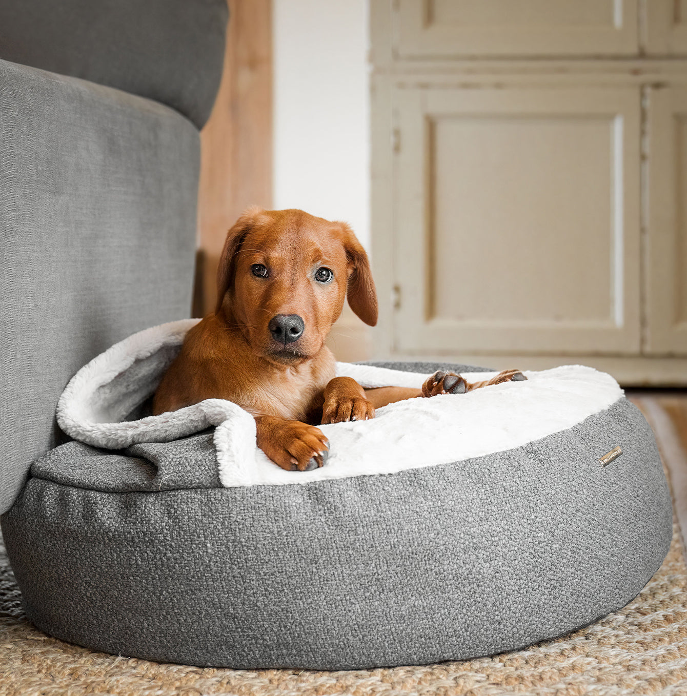Discover This Luxurious Dog Den, Made Using Beautiful Herdwick Fabric To Craft The Perfect Den For Dogs! In Stunning Graphite, Available Now at Lords & Labradors US