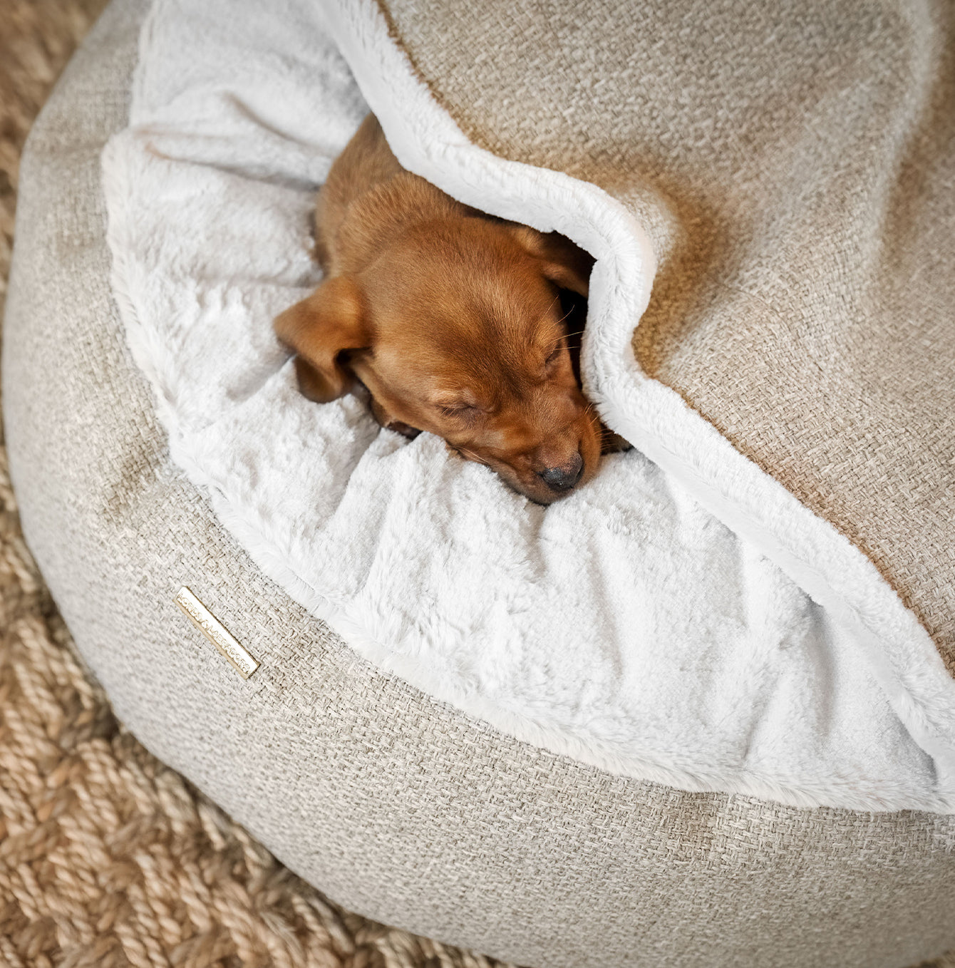 Discover This Luxurious Dog Den, Made Using Beautiful Herdwick Fabric To Craft The Perfect Den For Dogs! In Stunning Sandstone, Available Now at Lords & Labradors US