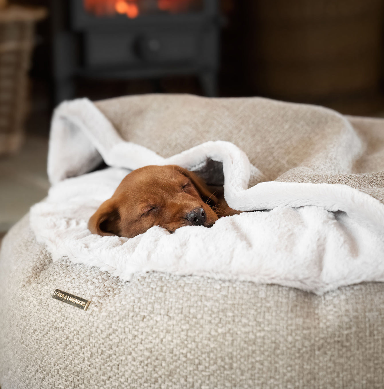 Discover This Luxurious Dog Den, Made Using Beautiful Herdwick Fabric To Craft The Perfect Den For Dogs! In Stunning Sandstone, Available Now at Lords & Labradors US