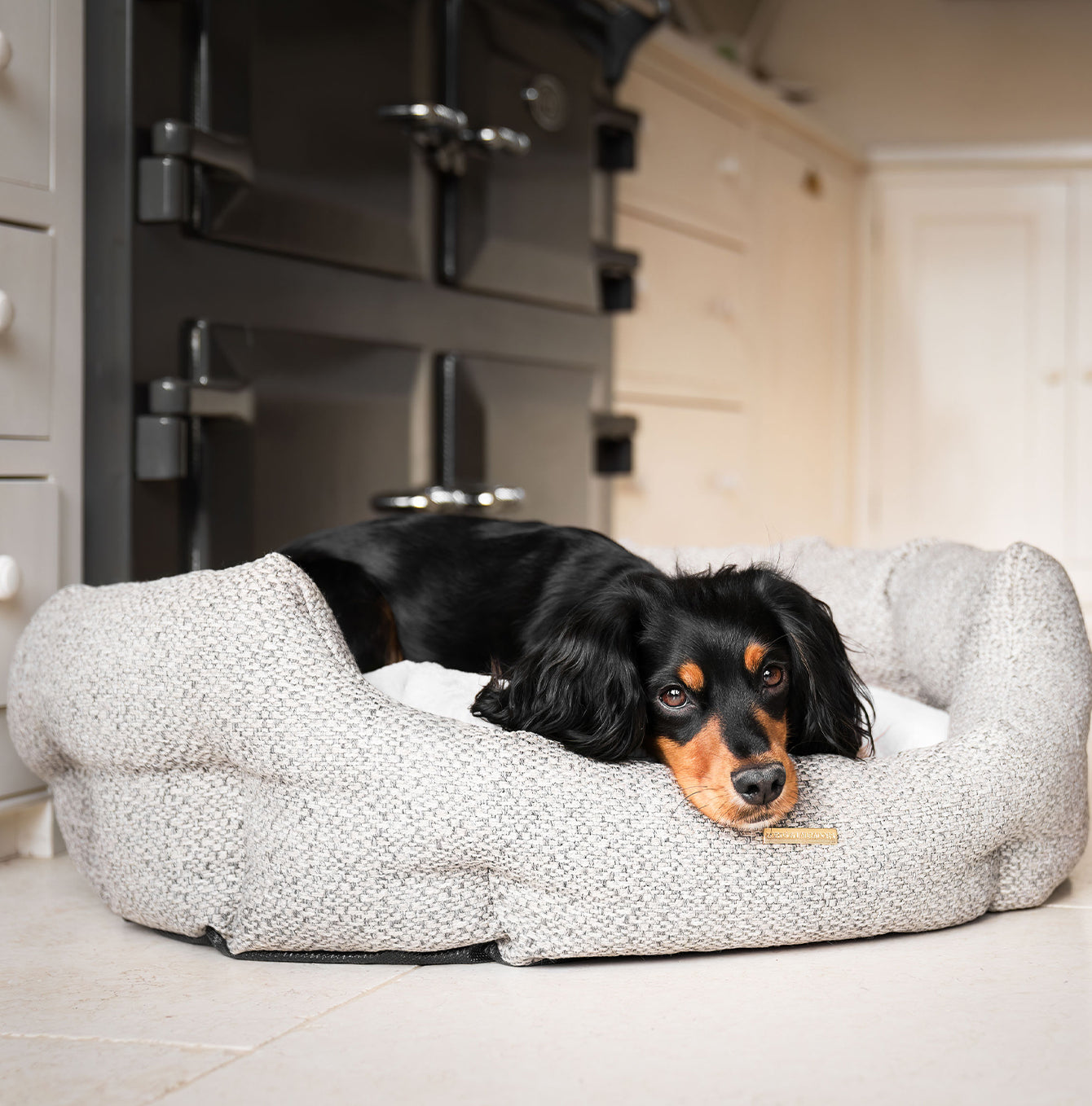 Discover our luxury Herdwick oval dog bed in beautiful pebble, the ideal choice for dogs to enjoy blissful nap-time, featuring reversible inner cushion with raised sides for dogs who love to rest their head for the ultimate cosiness! Handcrafted in Italy for pure pet luxury! Available now at Lords & Labradors US