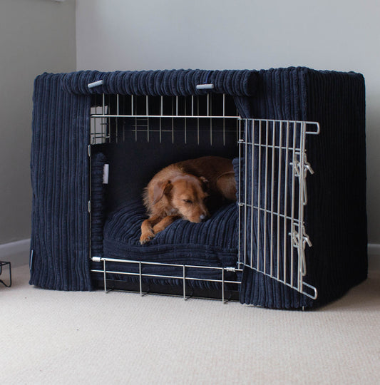 Luxury Dog Cage Set, Essentials Complete Plush Cage Set In Navy! Build The Ultimate Dog Den For The Perfect Burrow! Dog Cage Cover Available To Personalize at Lords & Labradors US