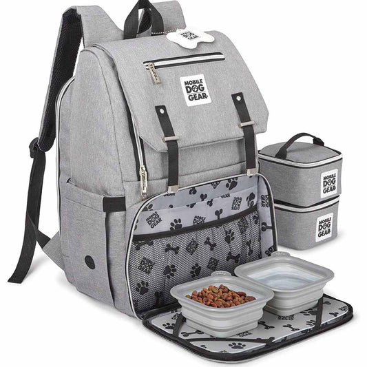 Discover, Mobile Dog Gear Week Away Backpack, in Gray. The Perfect Away Bag for any Pet Parent, Featuring dividers to stack food and built in waste bag dispenser. Also Included feeding set, collapsible silicone bowls and placemat! The Perfect Gift For travel, meets airline requirements. Available Now at Lords & Labradors US