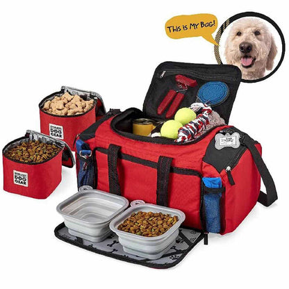 Discover, Mobile Dog Gear Ultimate Week Away Duffle, in Red. The Perfect Away Bag for any Pet Parent, Featuring dividers to stack food and built in waste bag dispenser. Also Included feeding set, collapsible silicone bowls and placemat! The Perfect Gift For travel, meets airline requirements. Available Now at Lords & Labradors US