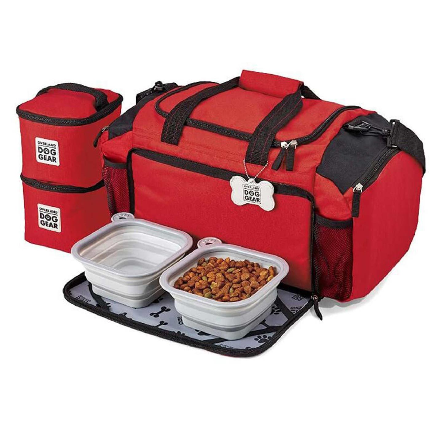 Discover, Mobile Dog Gear Ultimate Week Away Duffle, in Red. The Perfect Away Bag for any Pet Parent, Featuring dividers to stack food and built in waste bag dispenser. Also Included feeding set, collapsible silicone bowls and placemat! The Perfect Gift For travel, meets airline requirements. Available Now at Lords & Labradors US