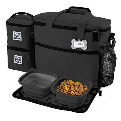 Discover, Mobile Dog Gear Week Away Bag, in Black. The Perfect Away Bag for any Pet Parent, Featuring dividers to stack food and built in waste bag dispenser. Also Included feeding set, collapsible silicone bowls and placemat! The Perfect Gift For travel, meets airline requirements. Available Now at Lords & Labradors US