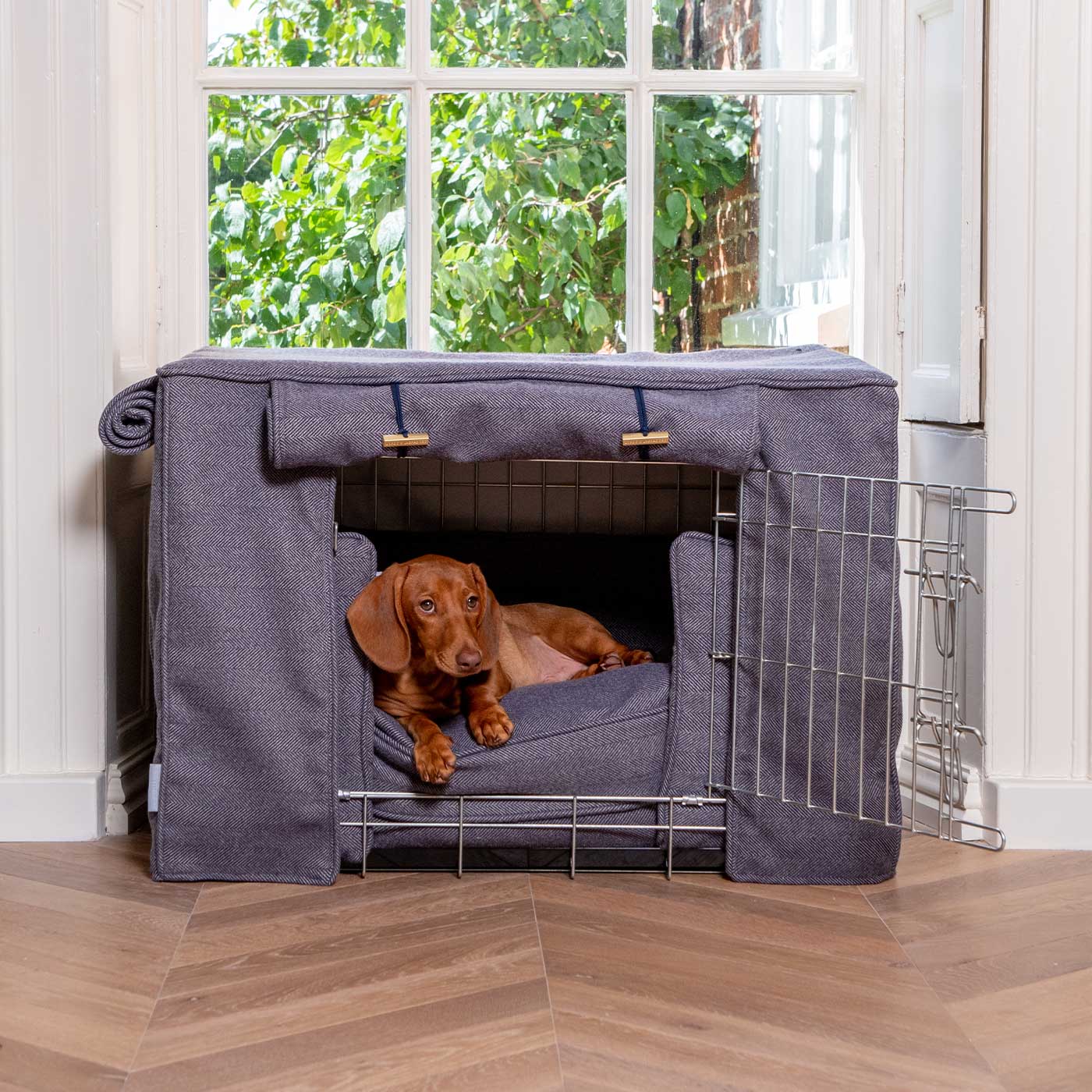 Luxury Heavy Duty Dog Cage, In Stunning Oxford Herringbone Tweed Cage Set, The Perfect Dog Cage Set For Building The Ultimate Pet Den! Dog Cage Cover Available To Personalize at Lords & Labradors US