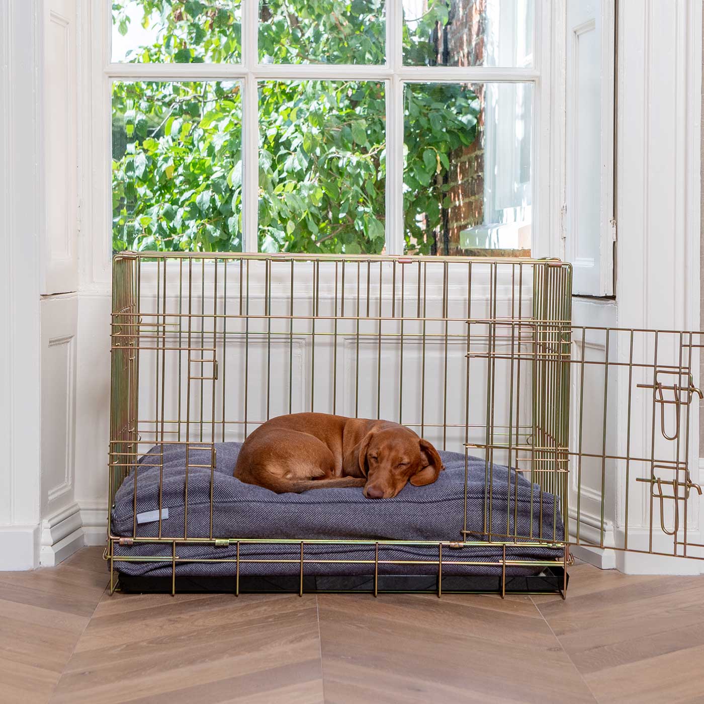 Luxury Dog Cage Cushion, Oxford Herringbone Tweed Cage Cushion The Perfect Dog Cage Accessory, Available To Personalize Now at Lords & Labradors US