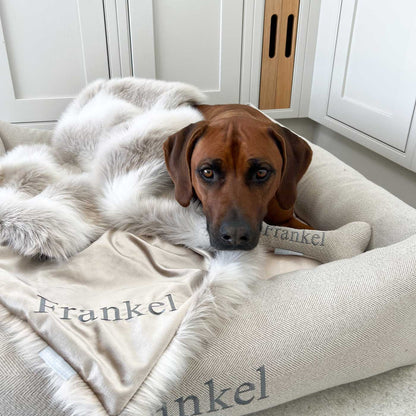 Discover Our Luxurious Mushroom Velvet & Reindeer Faux Fur Dog Blanket With Plush faux Fur Reverse, The Perfect Blanket For Dogs and Puppies, Available To Personalize And In 2 Sizes Here at Lords & Labradors US