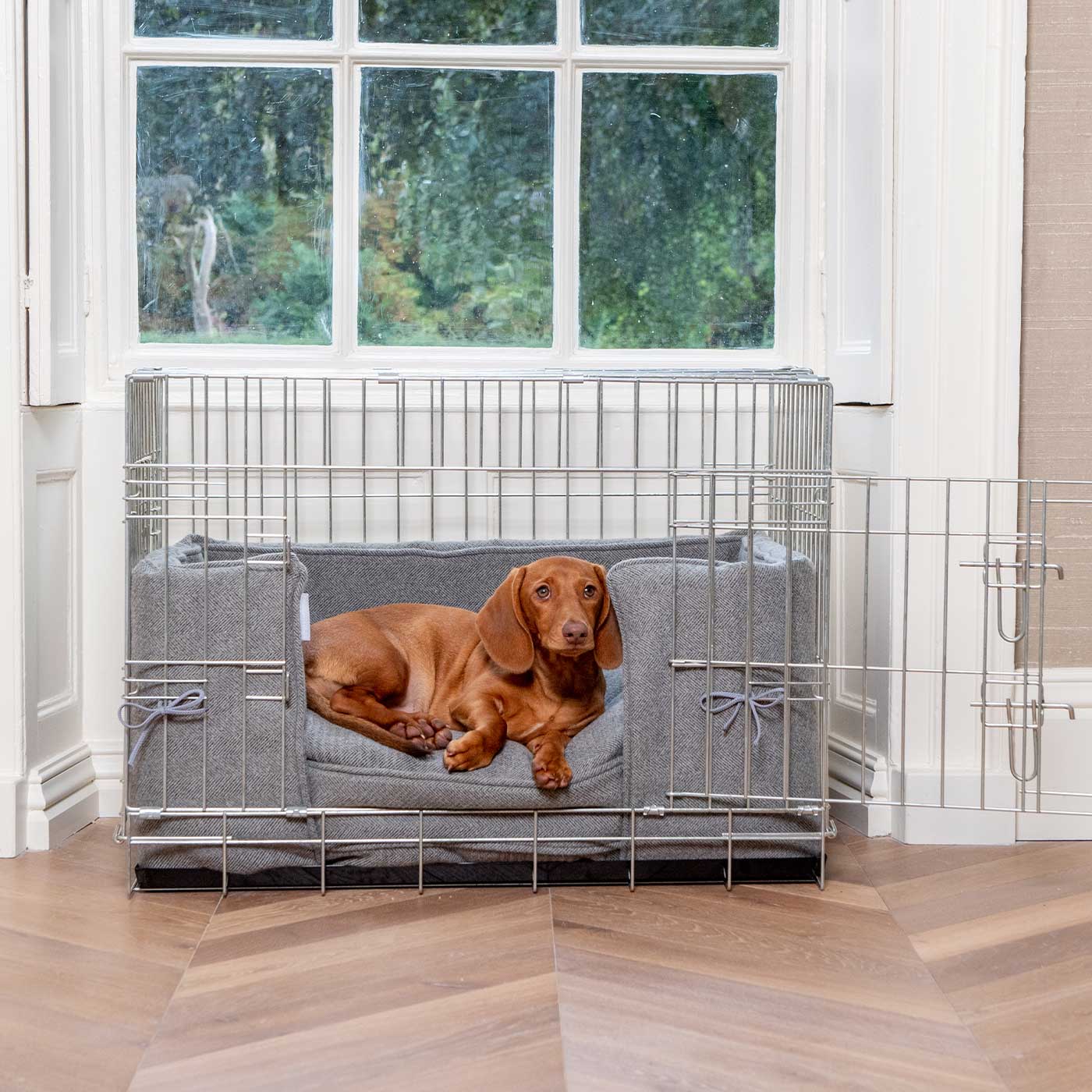 Luxury Dog Cage Bumper, Pewter Herringbone Tweed Cage Bumper Cover The Perfect Dog Cage Accessory, Available To Personalize Now at Lords & Labradors US