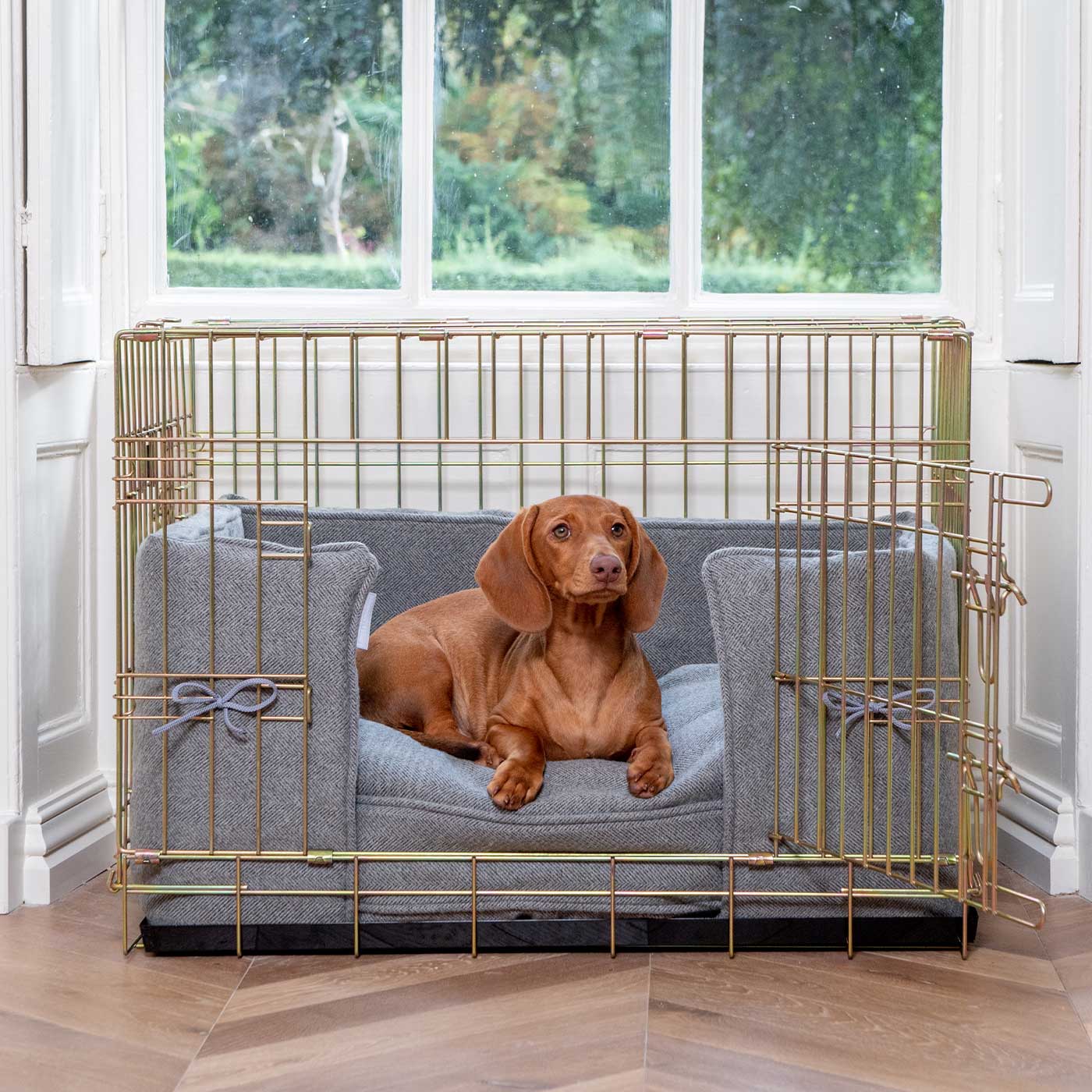 Luxury Dog Cage Bumper, Pewter Herringbone Tweed Cage Bumper Cover The Perfect Dog Cage Accessory, Available To Personalize Now at Lords & Labradors US