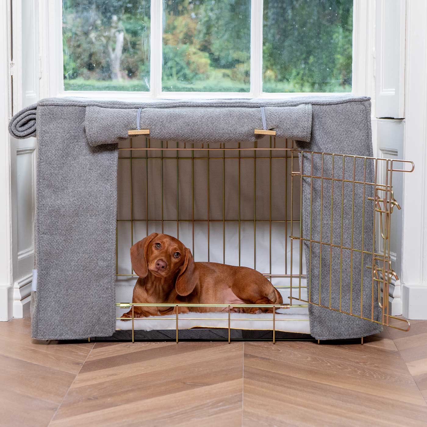 Luxury Dog Cage Cover, Pewter Herringbone Tweed Cage Cover The Perfect Dog Cage Accessory, Available To Personalize Now at Lords & Labradors US