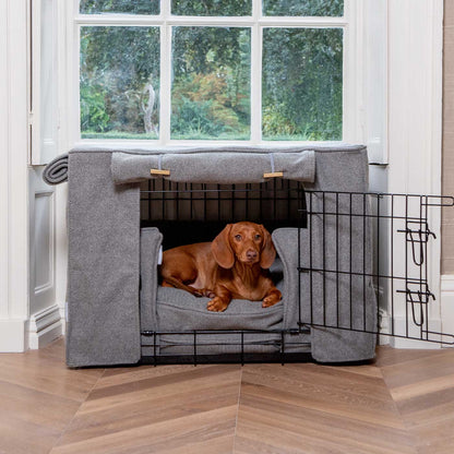 Luxury Heavy Duty Dog Cage, In Stunning Pewter Herringbone Tweed Cage Set, The Perfect Dog Cage Set For Building The Ultimate Pet Den! Dog Cage Cover Available To Personalize at Lords & Labradors US