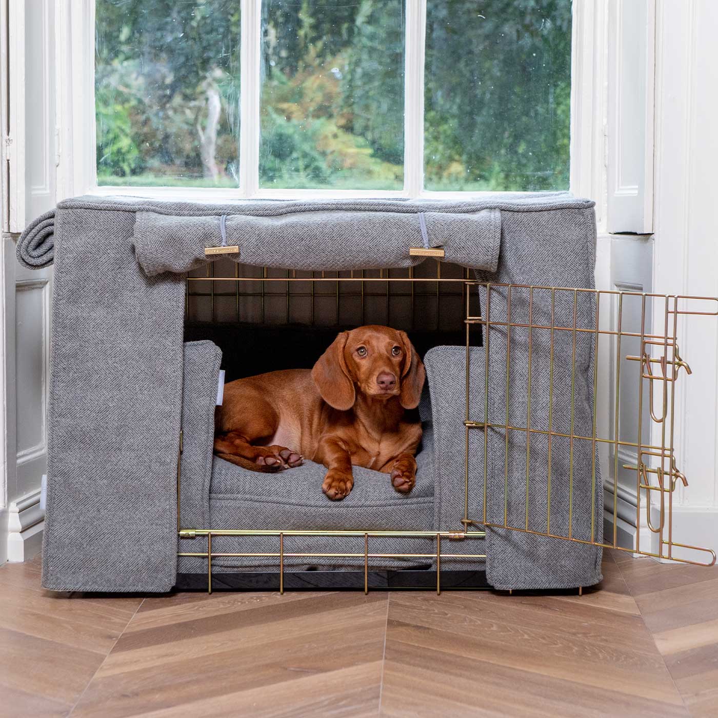 Luxury Heavy Duty Dog Cage, In Stunning Pewter Herringbone Tweed Cage Set, The Perfect Dog Cage Set For Building The Ultimate Pet Den! Dog Cage Cover Available To Personalize at Lords & Labradors US