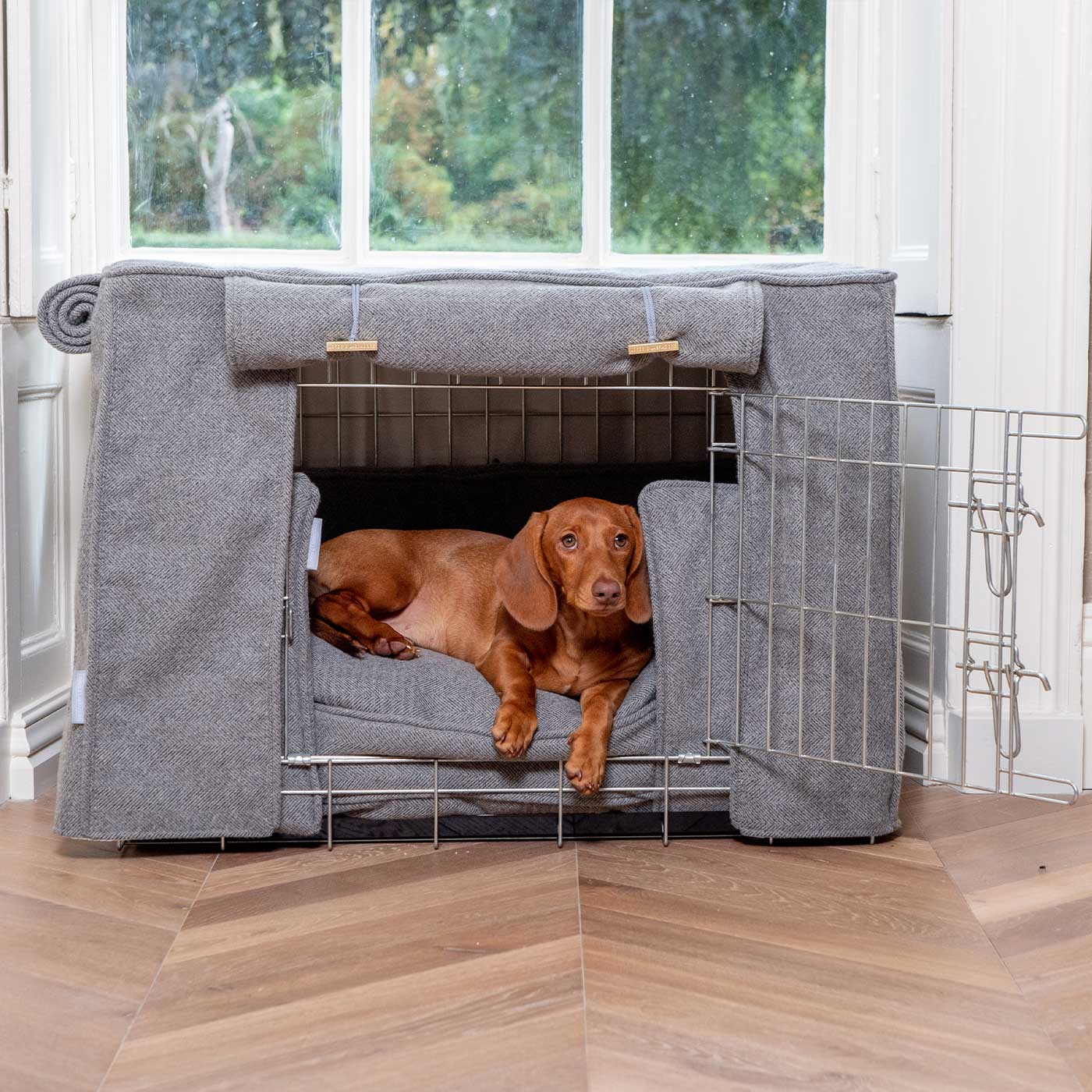 Luxury Heavy Duty Dog Cage, In Stunning Pewter Herringbone Tweed Cage Set, The Perfect Dog Cage Set For Building The Ultimate Pet Den! Dog Cage Cover Available To Personalize at Lords & Labradors US