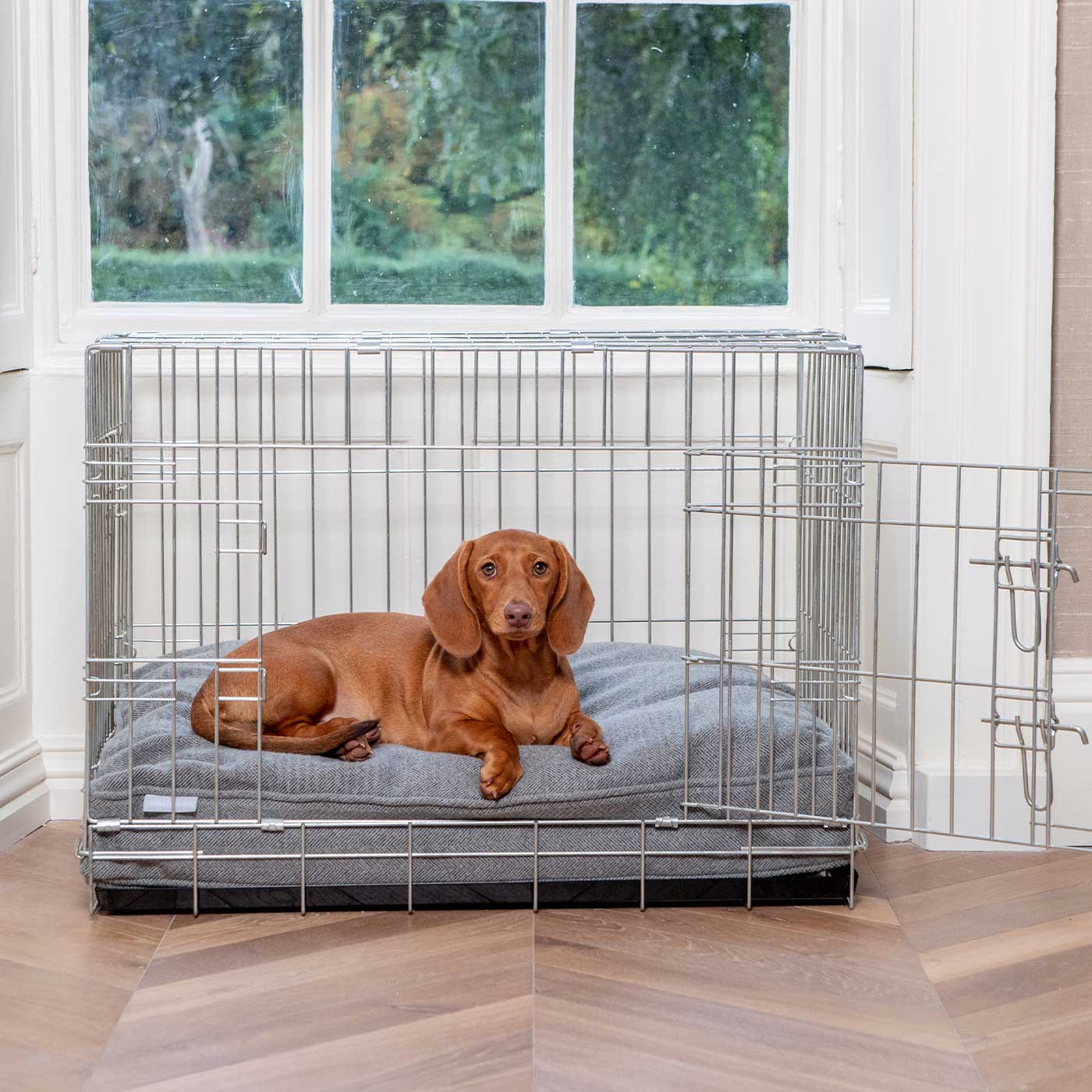 Luxury Dog Cage Cushion, Pewter Herringbone Tweed Cage Cushion The Perfect Dog Cage Accessory, Available To Personalize Now at Lords & Labradors US