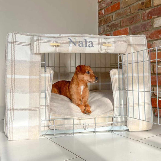 [color:natural tweed] Luxury Dog Cage Bumper, Natural Tweed Cage Bumper Cover, The Perfect Dog Cage Accessory, Available Now at Lords & Labradors US