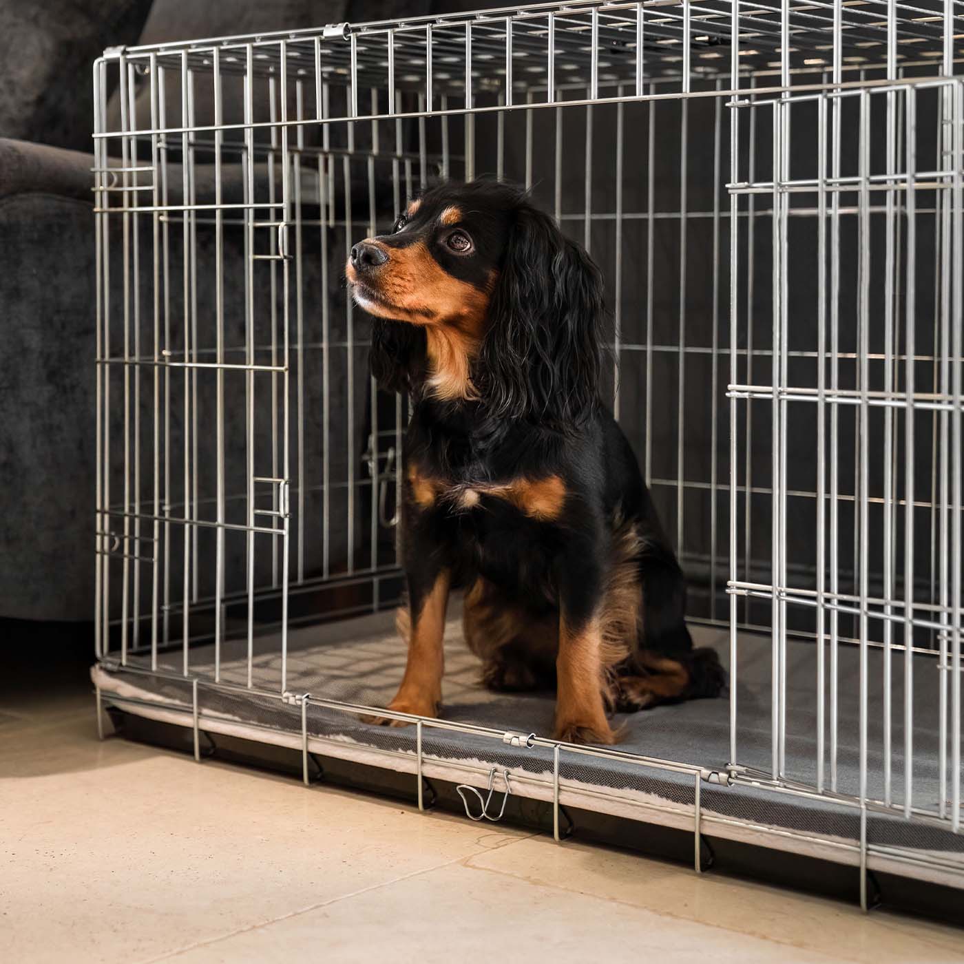 Discover the perfect dog cage accessory, our luxury essentials twill cage mattress in stunning grey slate. Present to your furry friend with this Italian handmade cage mattress for dogs, available now at Lords & Labradors US