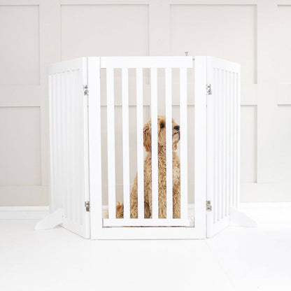 [color:white] Train your new puppy with the perfect pet furniture, our super-strong wooden dog gate will ensure you set the boundaries for your furry friend, made easy to assemble featuring a walk-through gate for easy accessibility to be installed in doorways, hallways and stairs! Shop the ideal pet gate, available now in white & grey at Lords & Labradors US