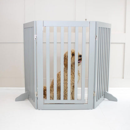 [color:gray] Train your new puppy with the perfect pet furniture, our super-strong wooden dog gate will ensure you set the boundaries for your furry friend, made easy to assemble featuring a walk-through gate for easy accessibility to be installed in doorways, hallways and stairs! Shop the ideal pet gate, available now in white & grey at Lords & Labradors US